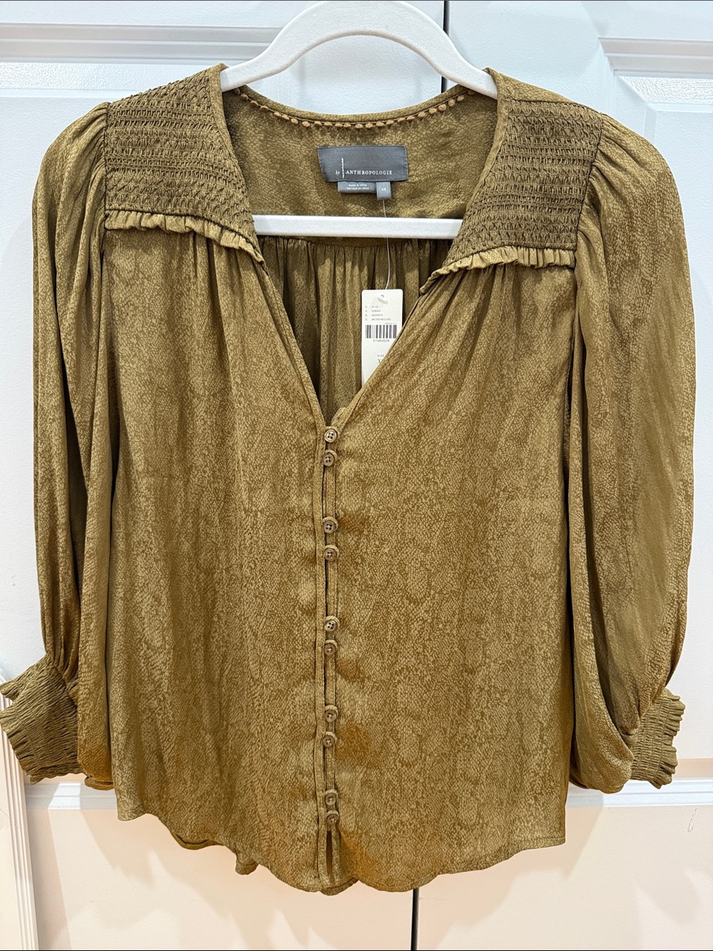 Anthropologie Olive Green Smocked Yoke Button-Down Blouse